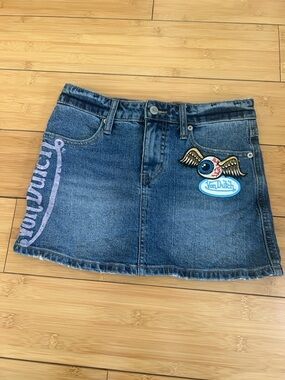 Von Dutch Denim Mini Skirt with Winged Eyeball Patch Size 24